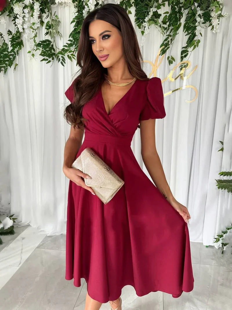 Sukienka Damska Elegancka Kopertowa Z Krótkim Rękawem Midi