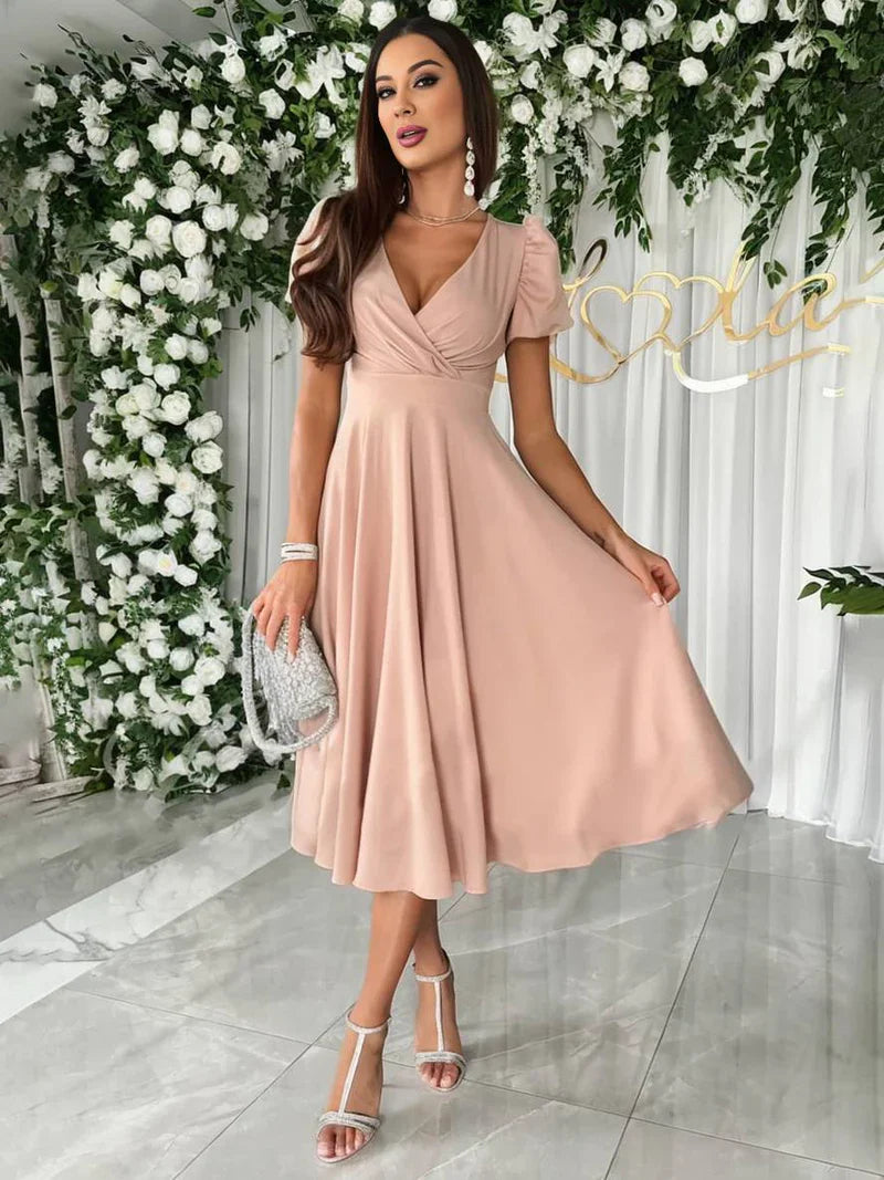 Sukienka Damska Elegancka Kopertowa Z Krótkim Rękawem Midi